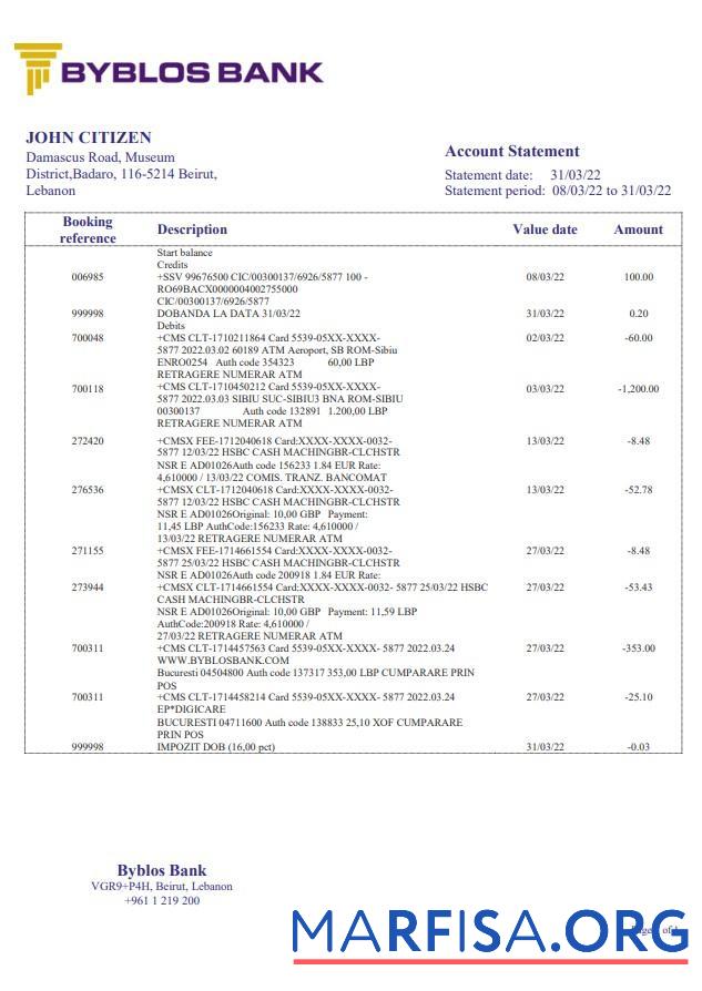 Blank Lebanon Byblos bank statement word template